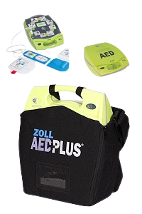 illustration de plusieurs photo comprenant le défibrillateur AED plus avec sa sacoche de transport et sa paire d'électrode adulte
