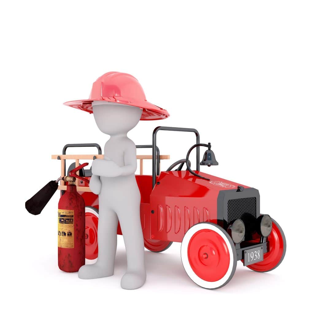 illustration moderne 3D d'un homme du feu avec un extincteur et son vehicule
