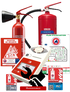 plusieurs photos de matériel de sécurité incendie obligatoire dont un extiencteur 6l et un extincteur co2 dans un établissement pour assurer la securit des travailleurs et du public
